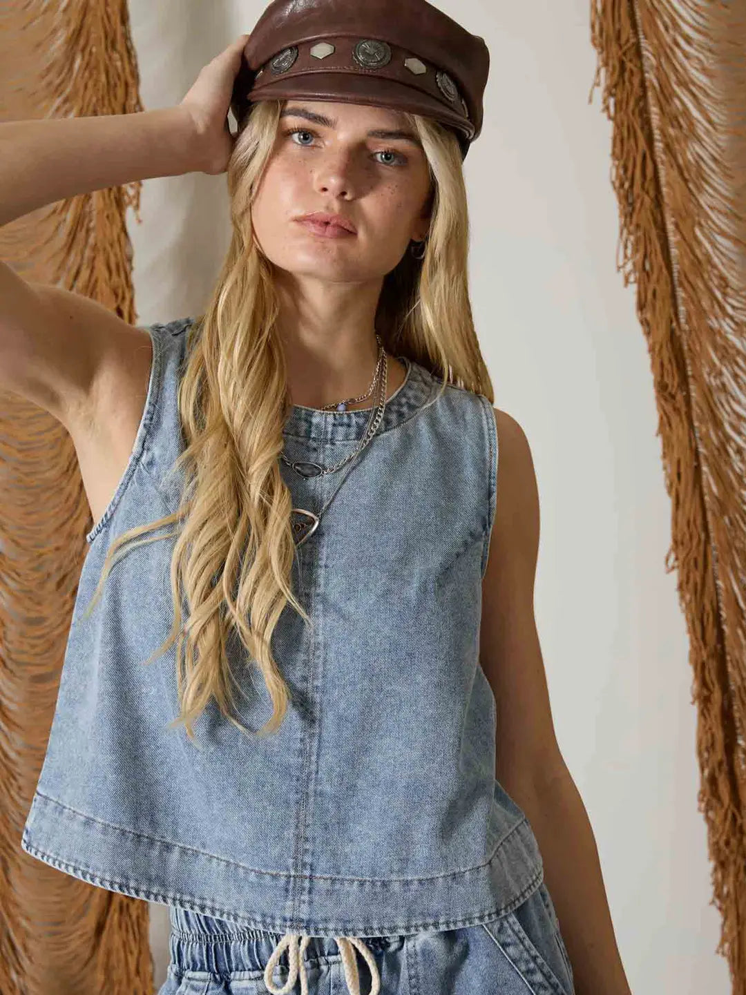 Washed Denim Back Button Sleeveless Top