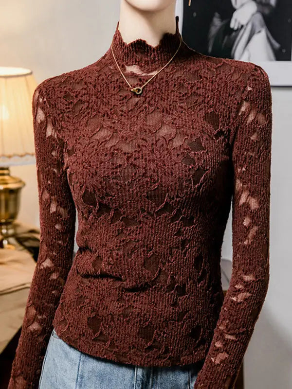 Crochet Hollow Solid Color Mock Neck Mesh Tops