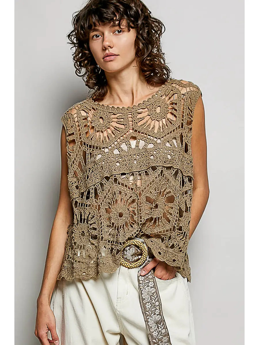 Bohemian Crochet Relaxed Sleeveless Top - One Size Fits Most