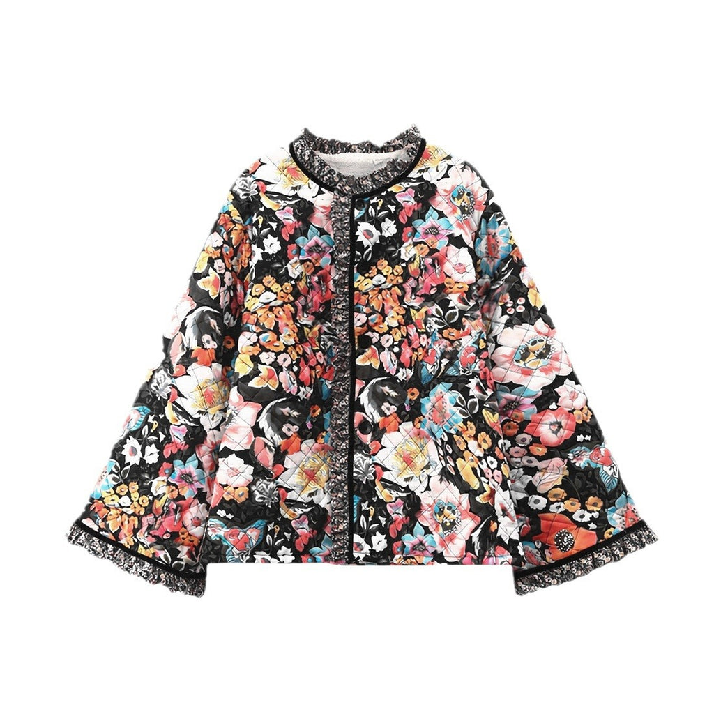 Quilted Floral Jacket with Sherpa Lining and Flare Sleeve - Lightweight