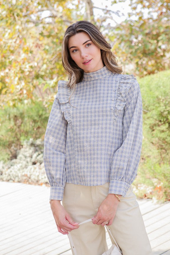 Blue Plaid Woven Top With Ruffle Detail
