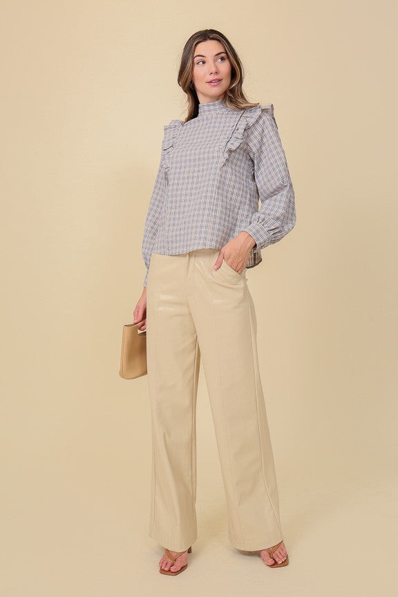 Blue Plaid Woven Top With Ruffle Detail