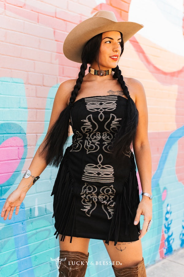 Black Suede Boot Stitch Embroidered Fringe Dress