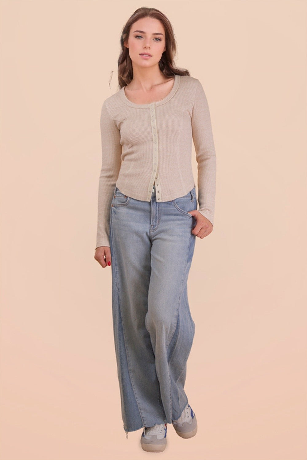 Very J - Button Down Fitted Waffle Knit Casual Top