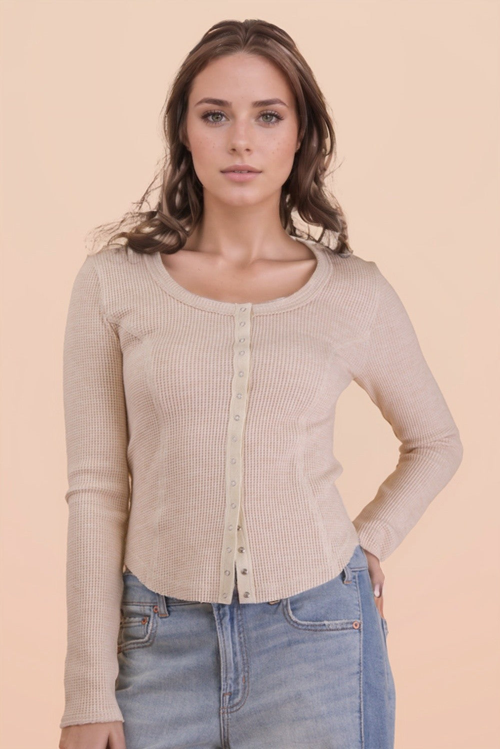 Very J - Button Down Fitted Waffle Knit Casual Top