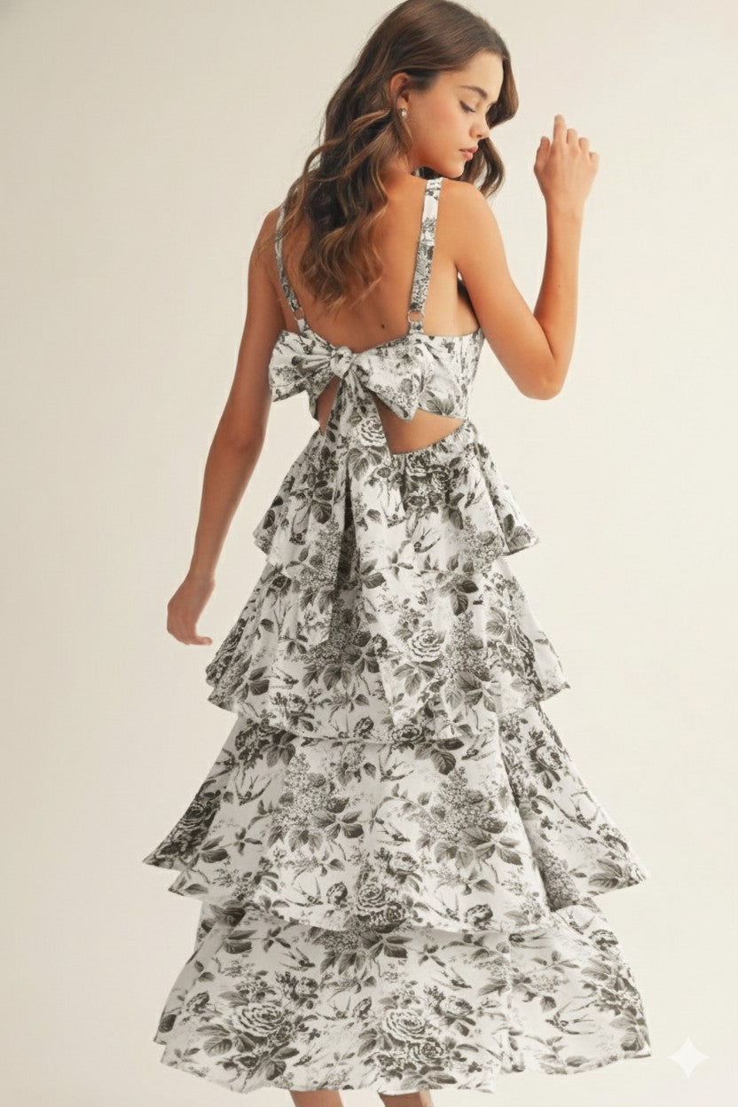 Porcelain Sky Maxi Dress - Black and White