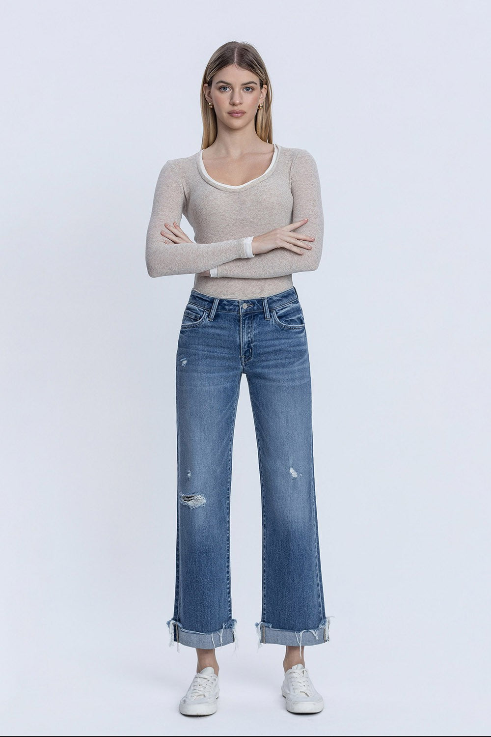 Vervet by Flying Monkey Mid Rise Medium Dark Wash Cuffed Slim Wide Jeans