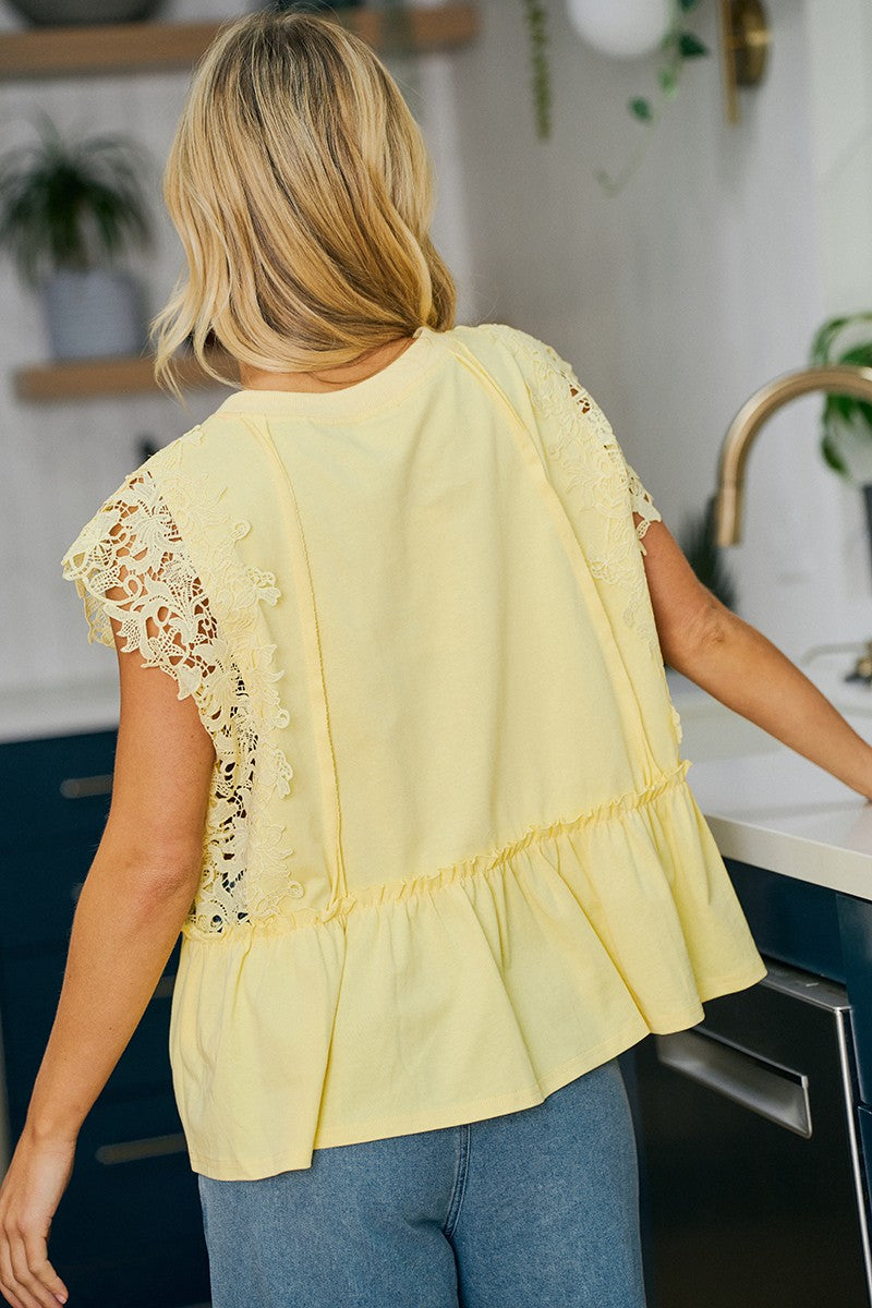 Solid Jersey Tiered Top With Lace Sleeve