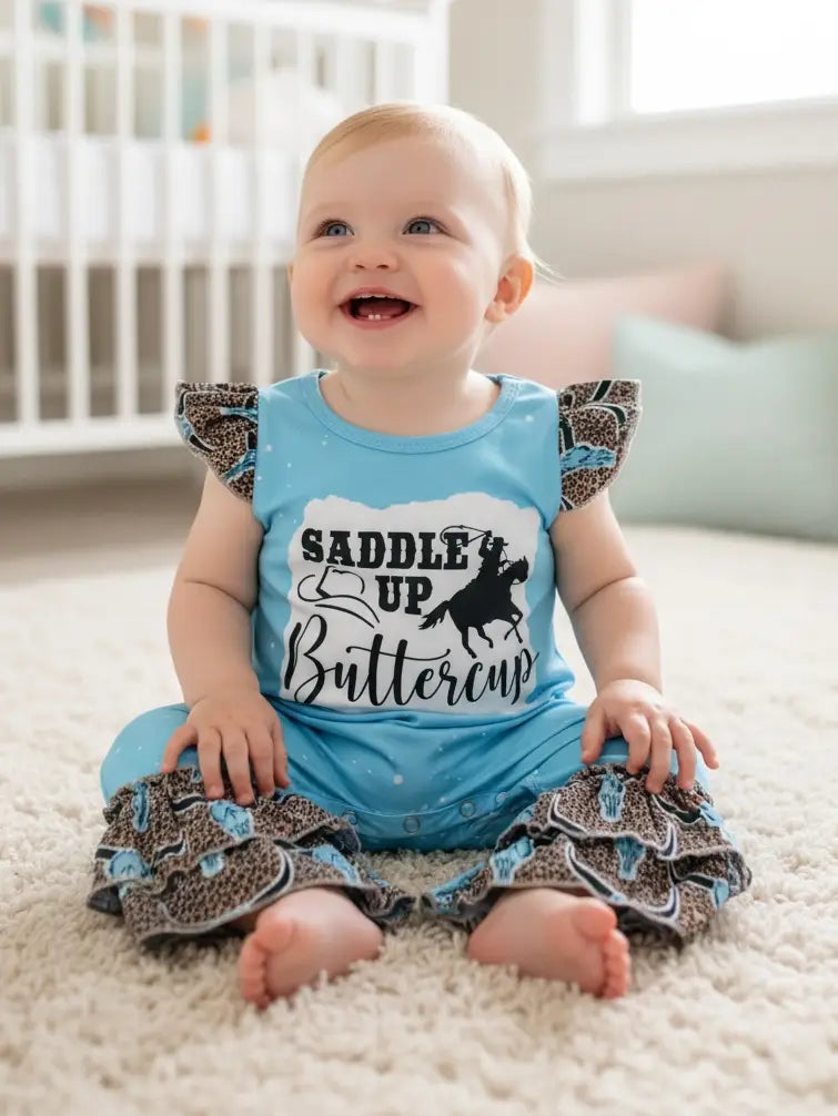 Saddle Up Buttercup" Turquoise Baby Romper.