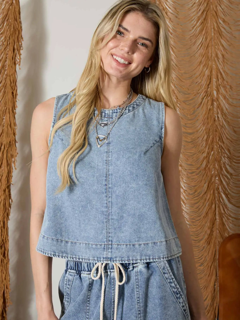 Washed Denim Back Button Sleeveless Top