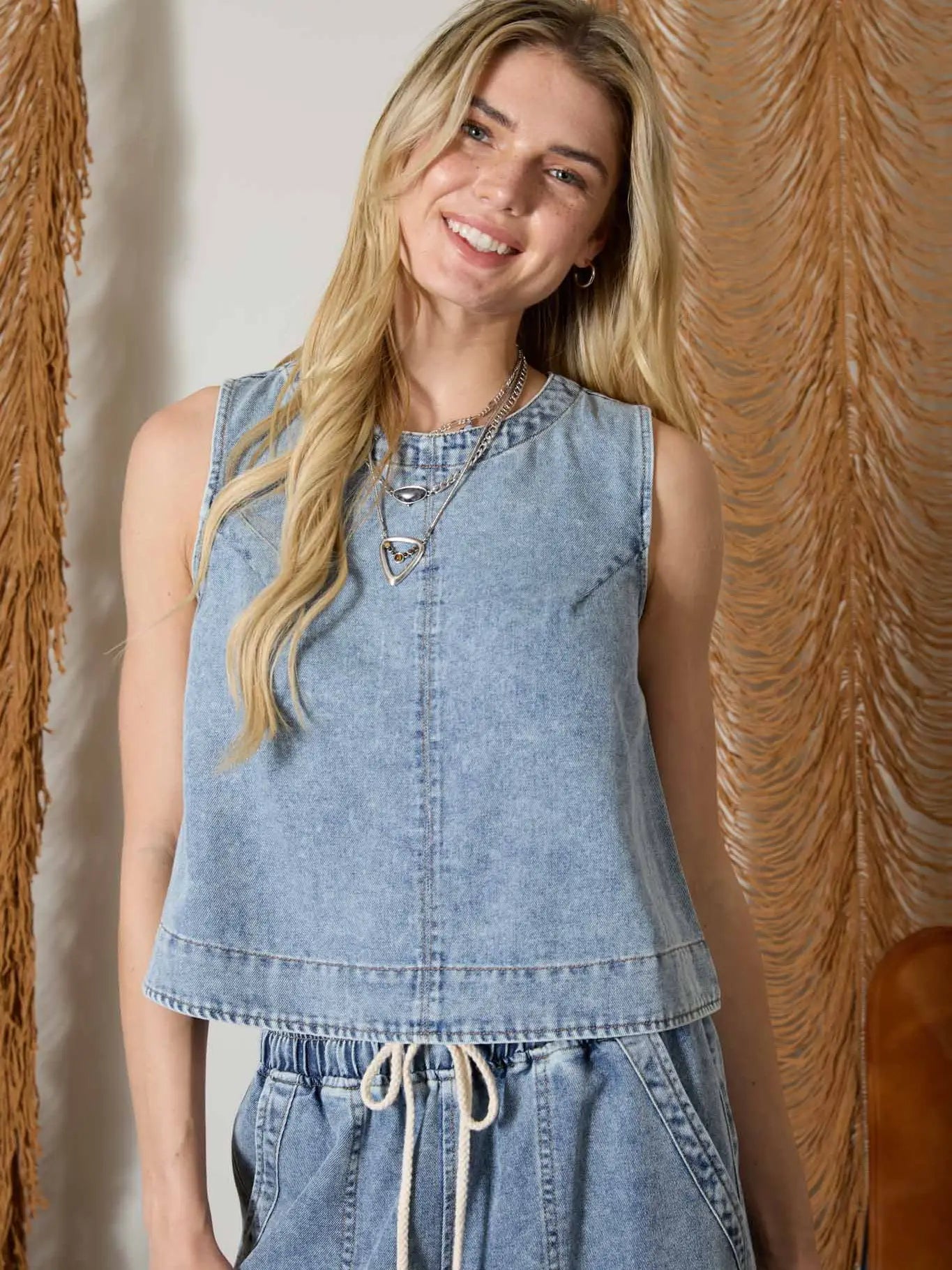 Washed Denim Back Button Sleeveless Top