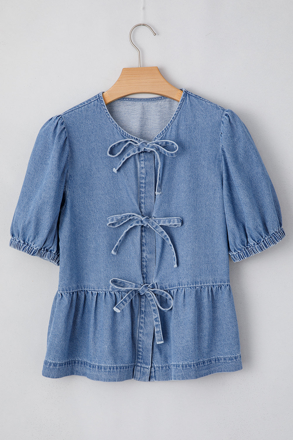 Hope Tied Front Bubble Sleeve Peplum Denim Shirt-3