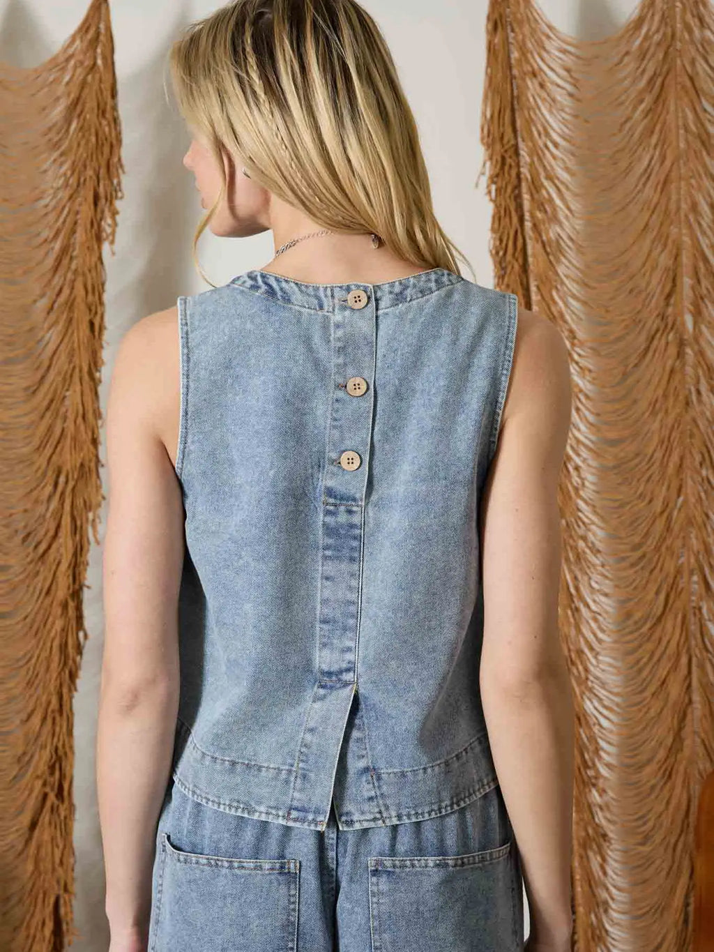 Washed Denim Back Button Sleeveless Top