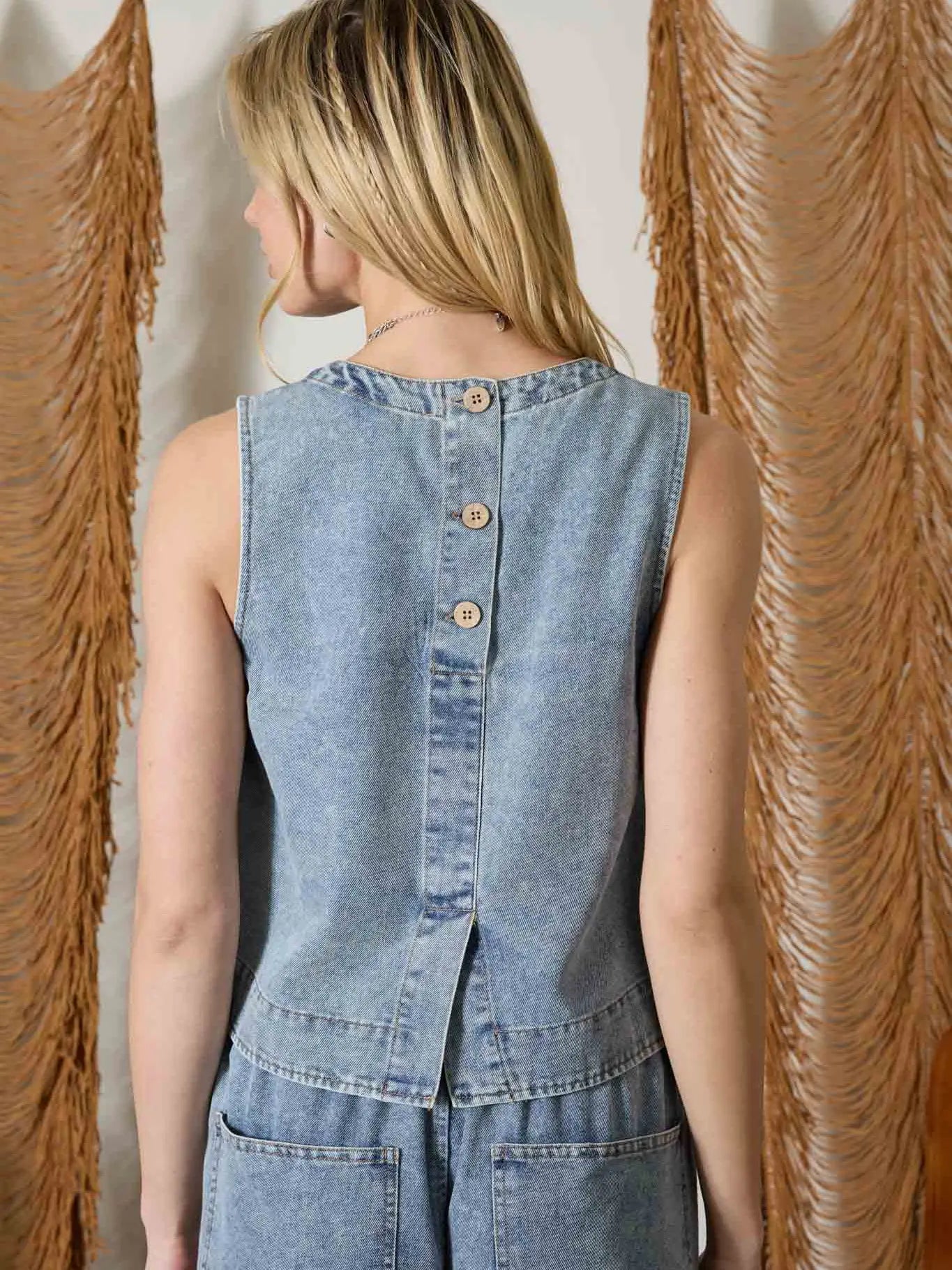 Washed Denim Back Button Sleeveless Top