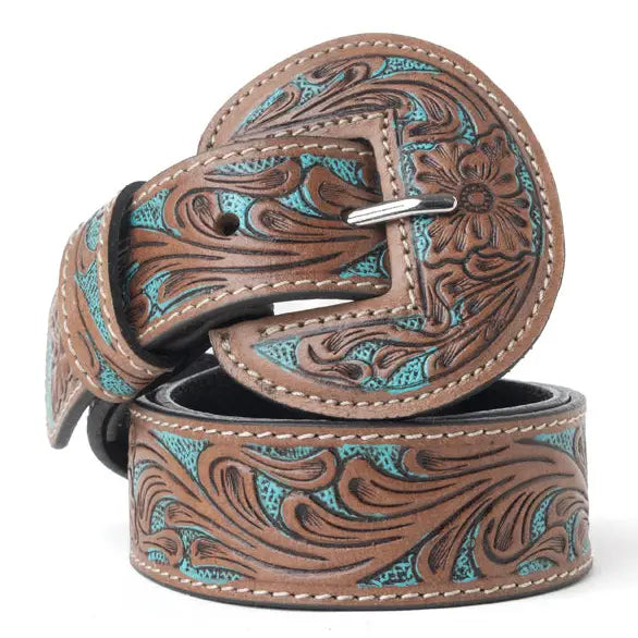 Western Wreath Leather Belt in Bronco Sky