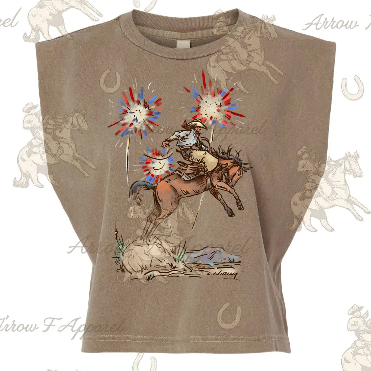Fireworks Bronc Rider| Western Graphic Muscle Tank (Faded Brown)