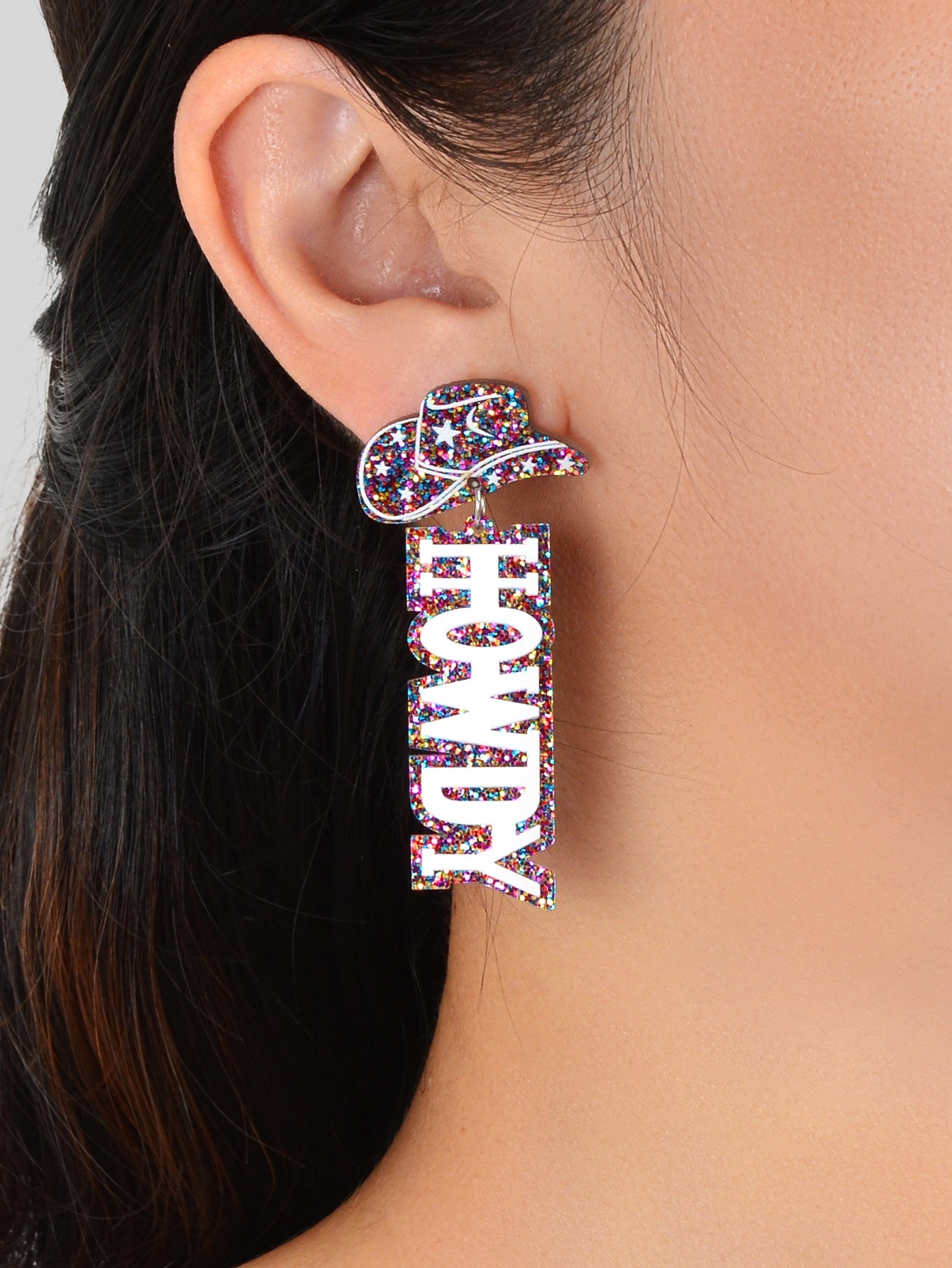 Designer Stylish Colorful Sequin Cowboy Hat Howdy Letter Acrylic Dangle Earrings