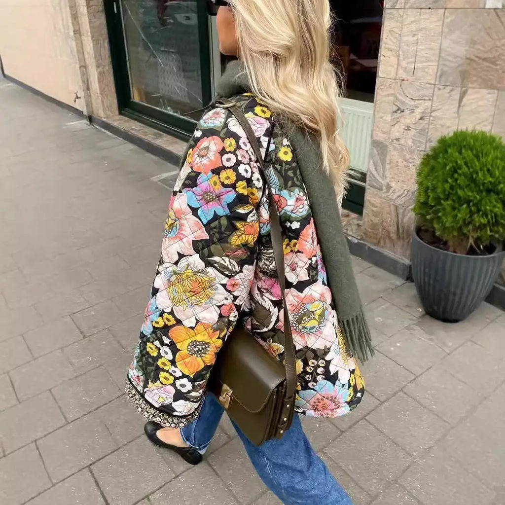 Quilted Floral Jacket with Sherpa Lining and Flare Sleeve - Lightweight