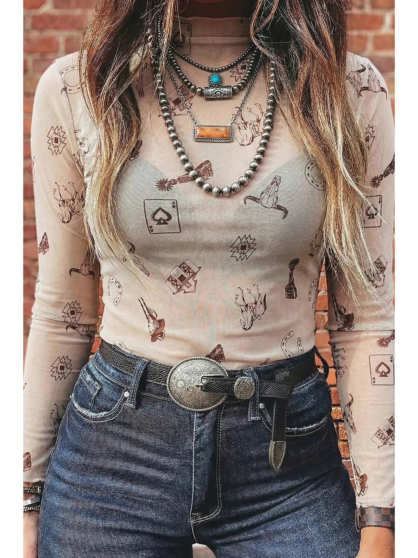 Floral Western Mesh Mock Neck Sheer Slim Fit Blouse