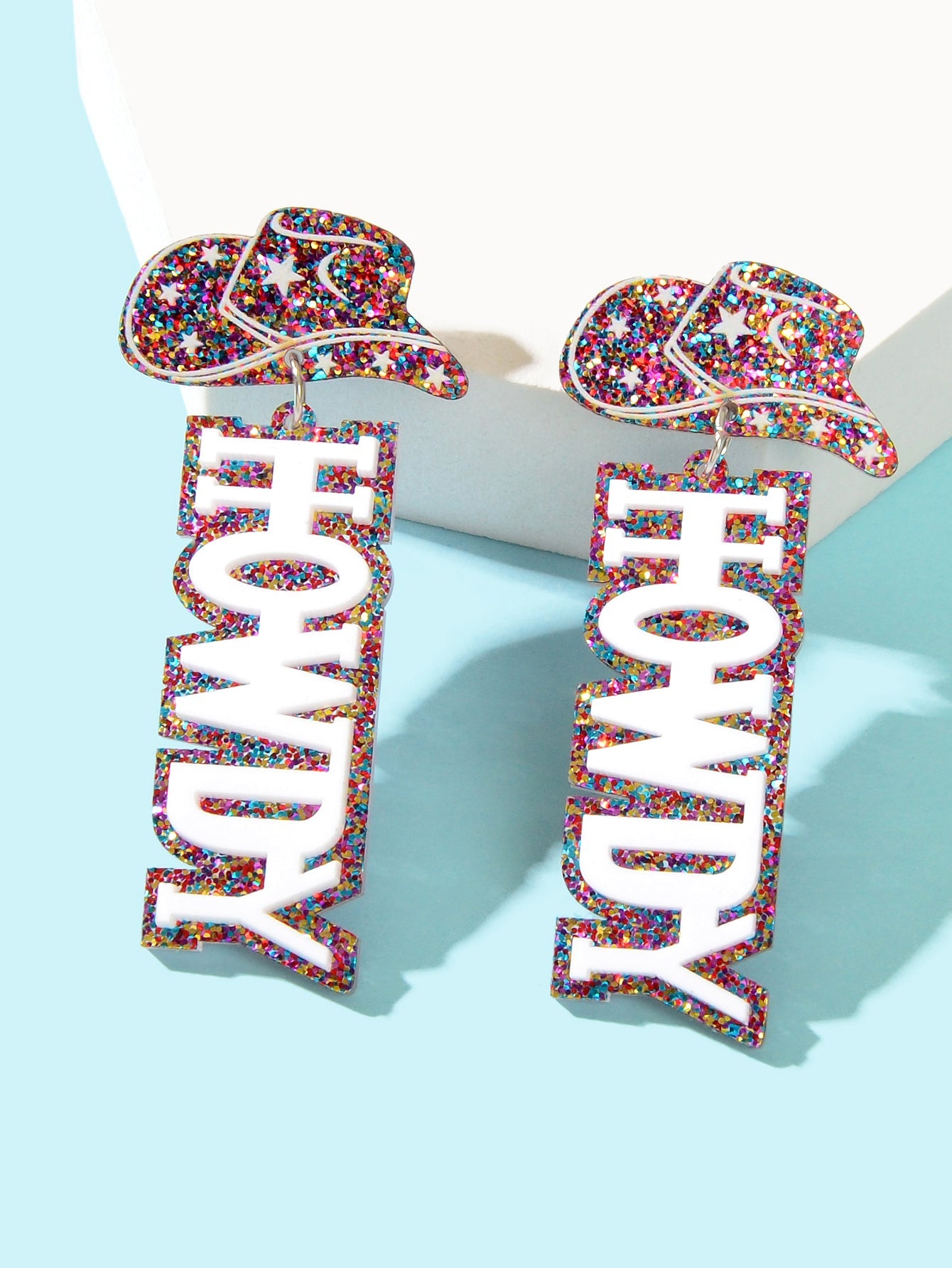 Designer Stylish Colorful Sequin Cowboy Hat Howdy Letter Acrylic Dangle Earrings