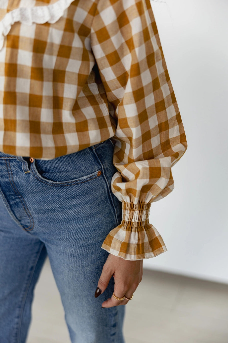 Mustard Gingham Puff Sleeve Top
