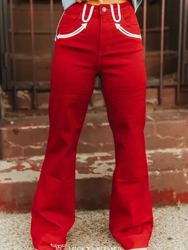 Lucky and Blessed Red Western Yoked Trouser Jeans