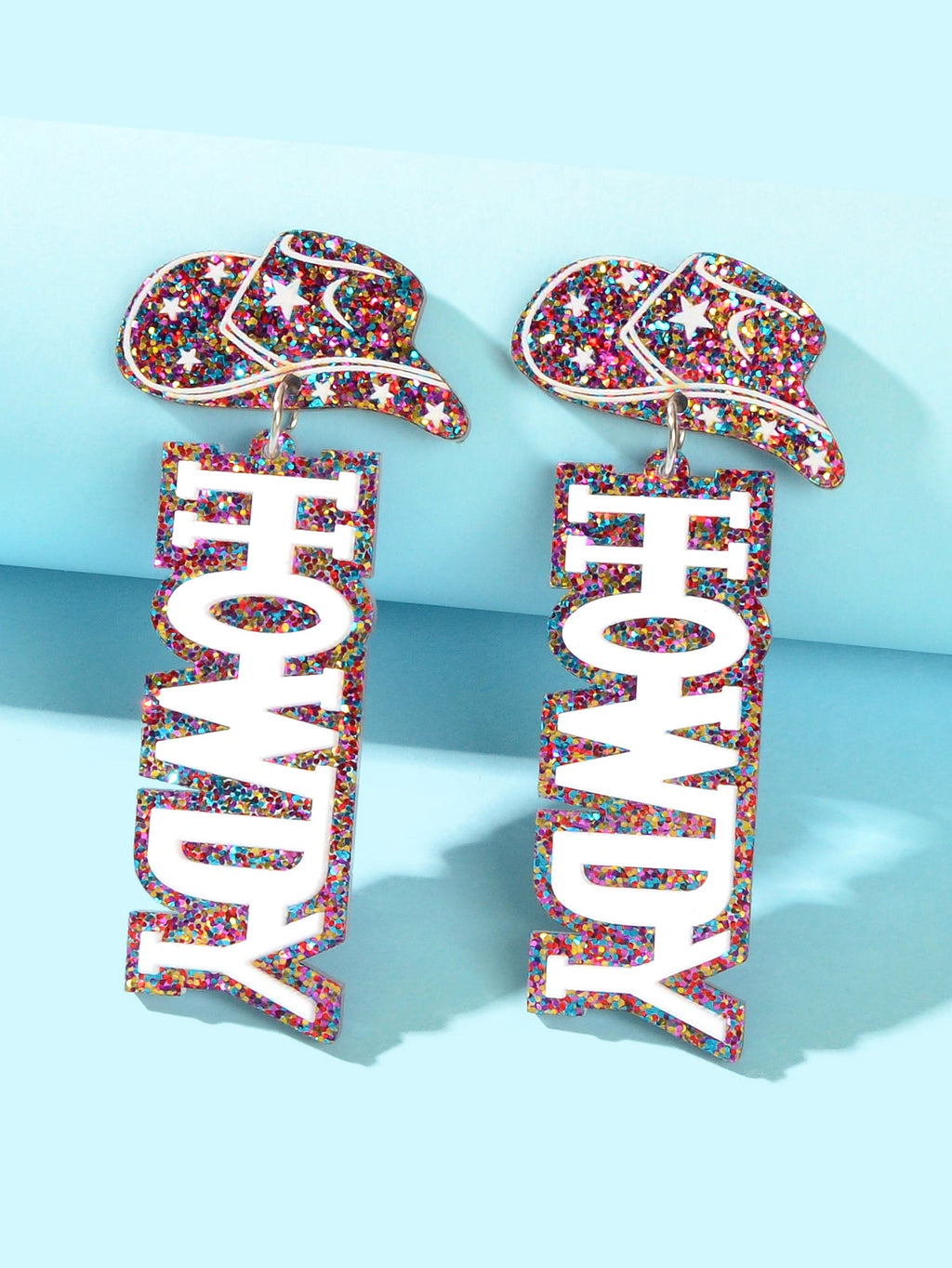 Designer Stylish Colorful Sequin Cowboy Hat Howdy Letter Acrylic Dangle Earrings