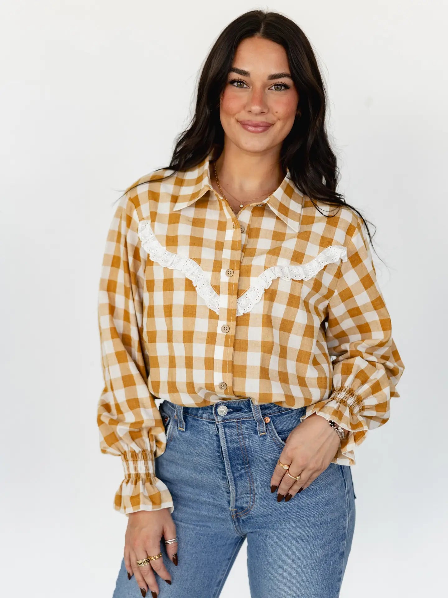 Mustard Gingham Puff Sleeve Top