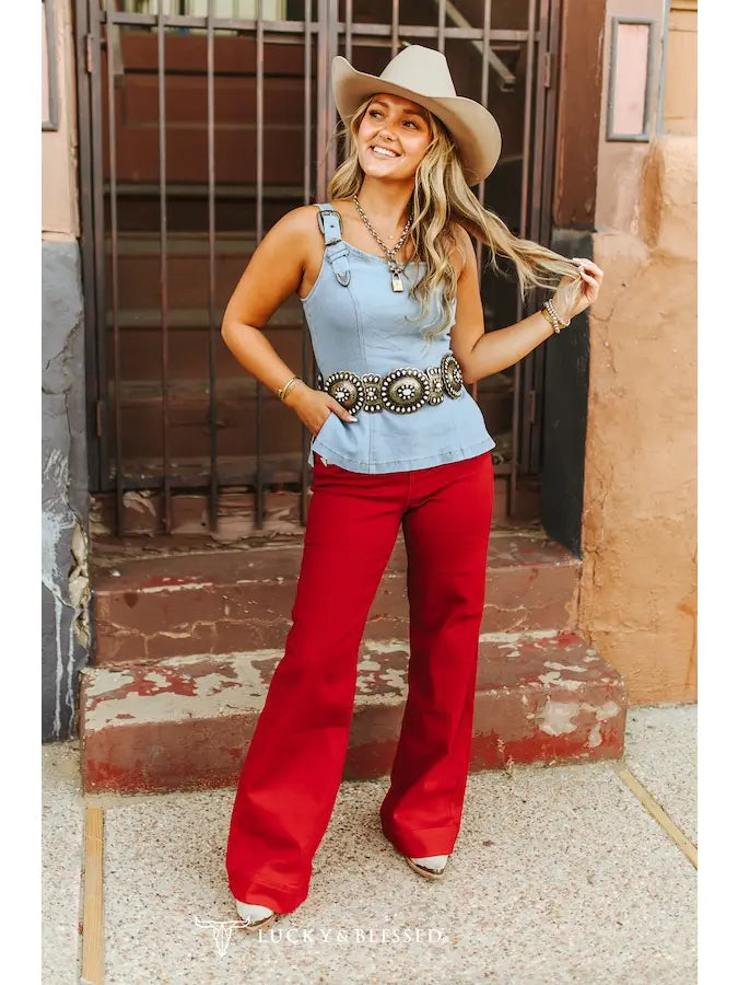 Lucky and Blessed Red Western Yoked Trouser Jeans