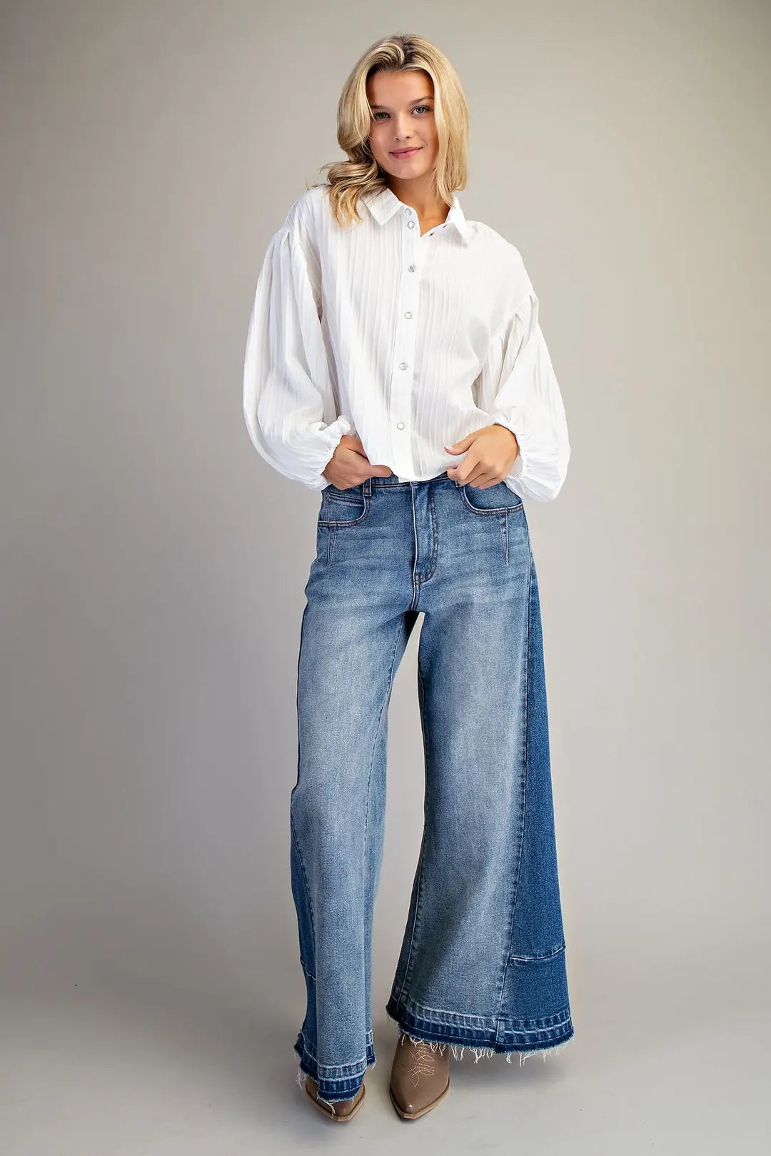 BUBBLE SLEEVE BUTTON DOWN BLOUSE TOP