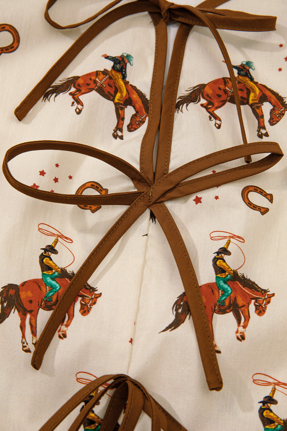 Apricot Western Rodeo Print Tied Front Puff Sleeve Peplum Top