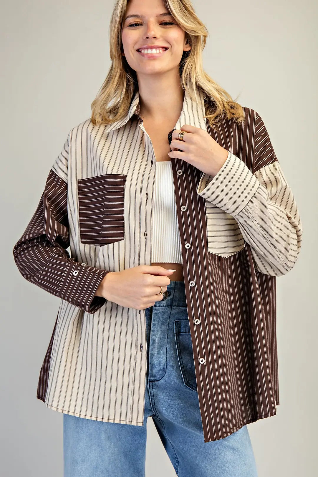 Color block Striped Flannel Top - Brown and Cream