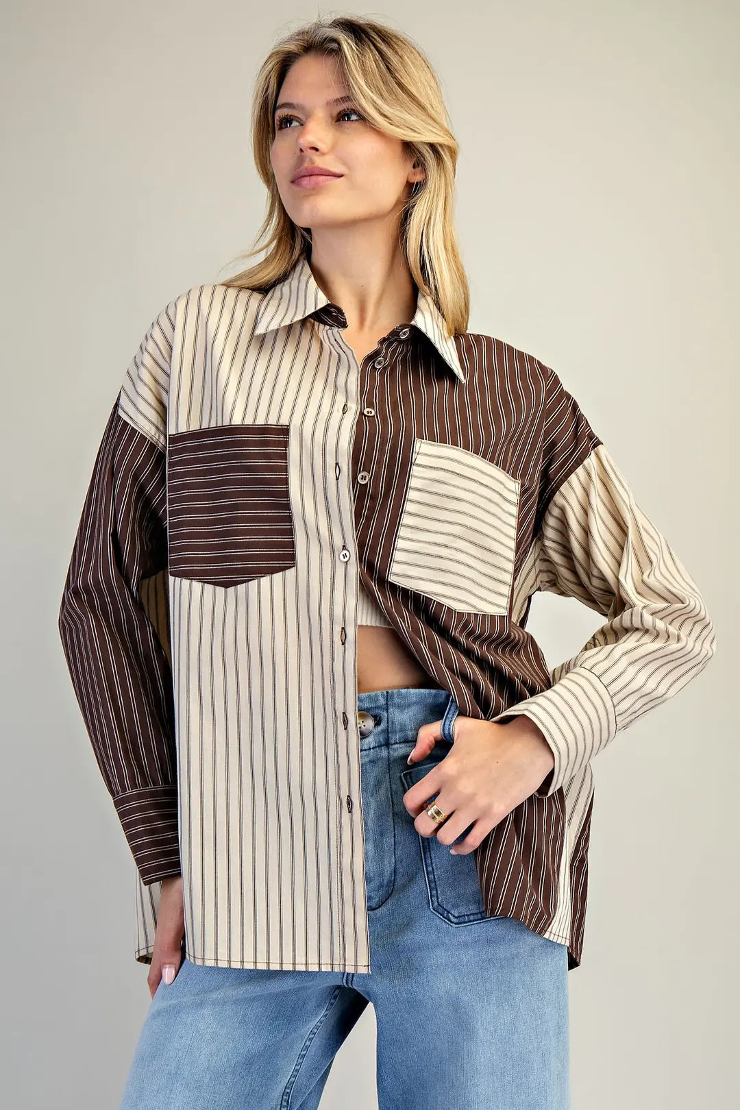 Color block Striped Flannel Top - Brown and Cream