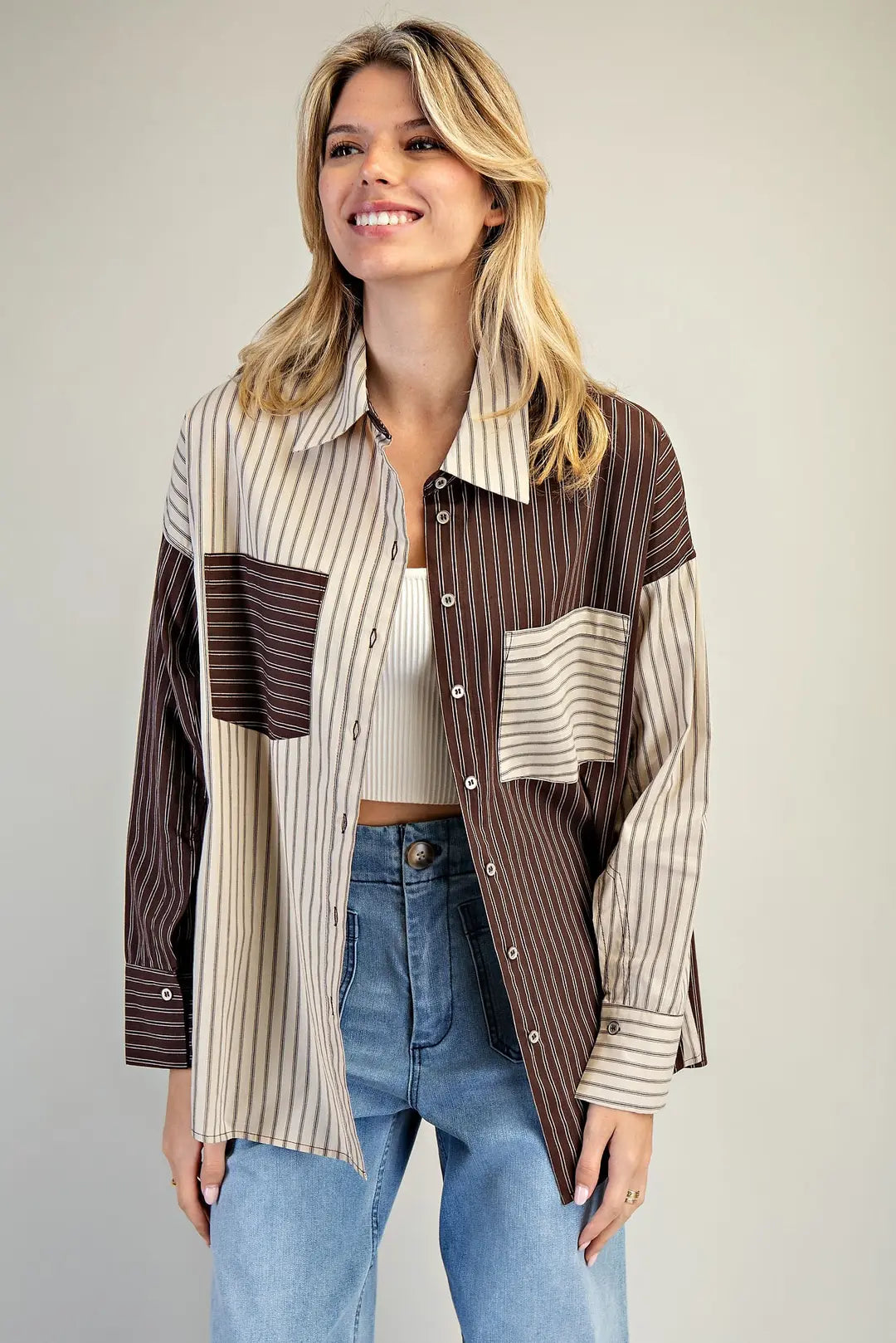 Color block Striped Flannel Top - Brown and Cream