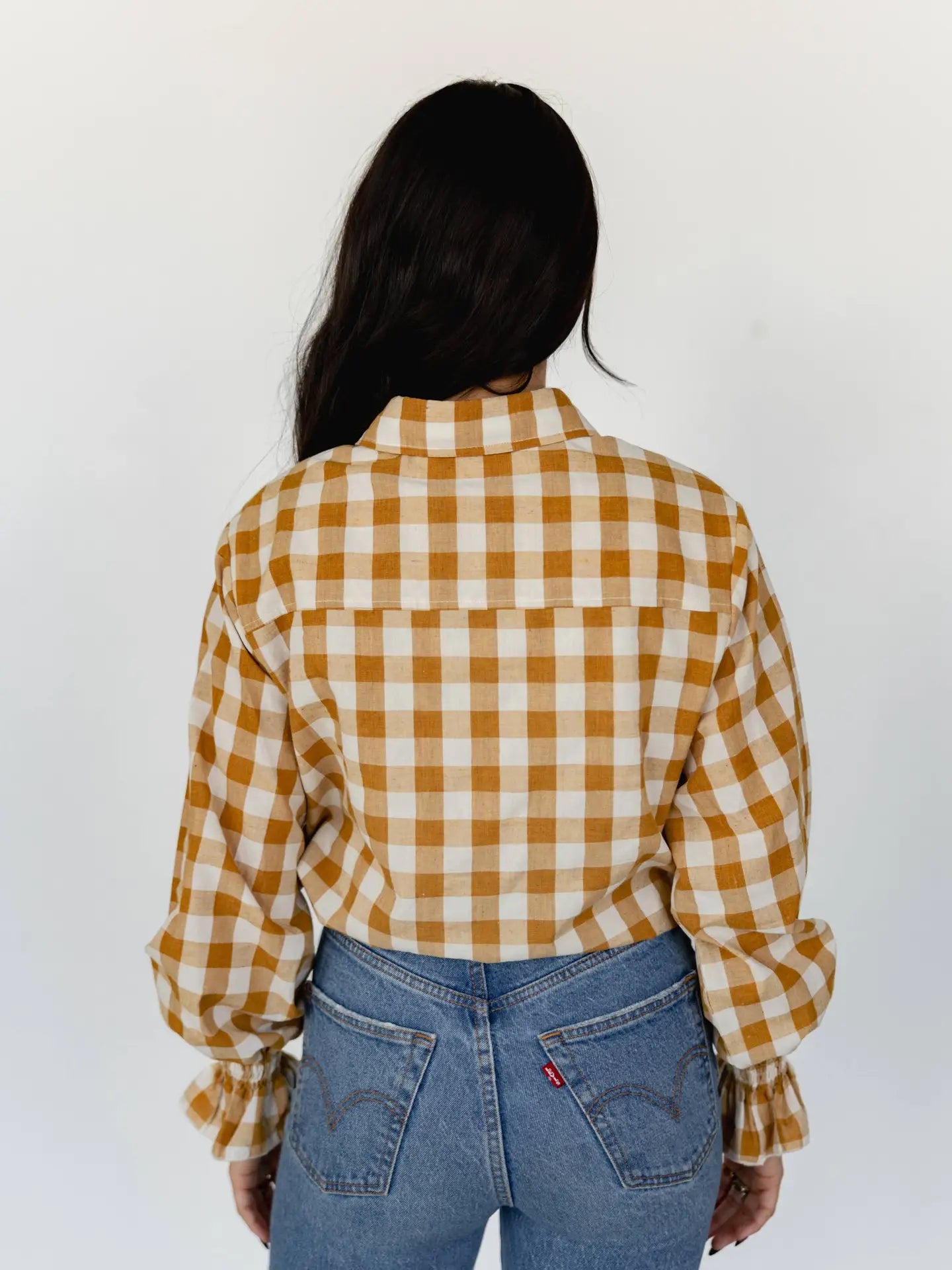 Mustard Gingham Puff Sleeve Top