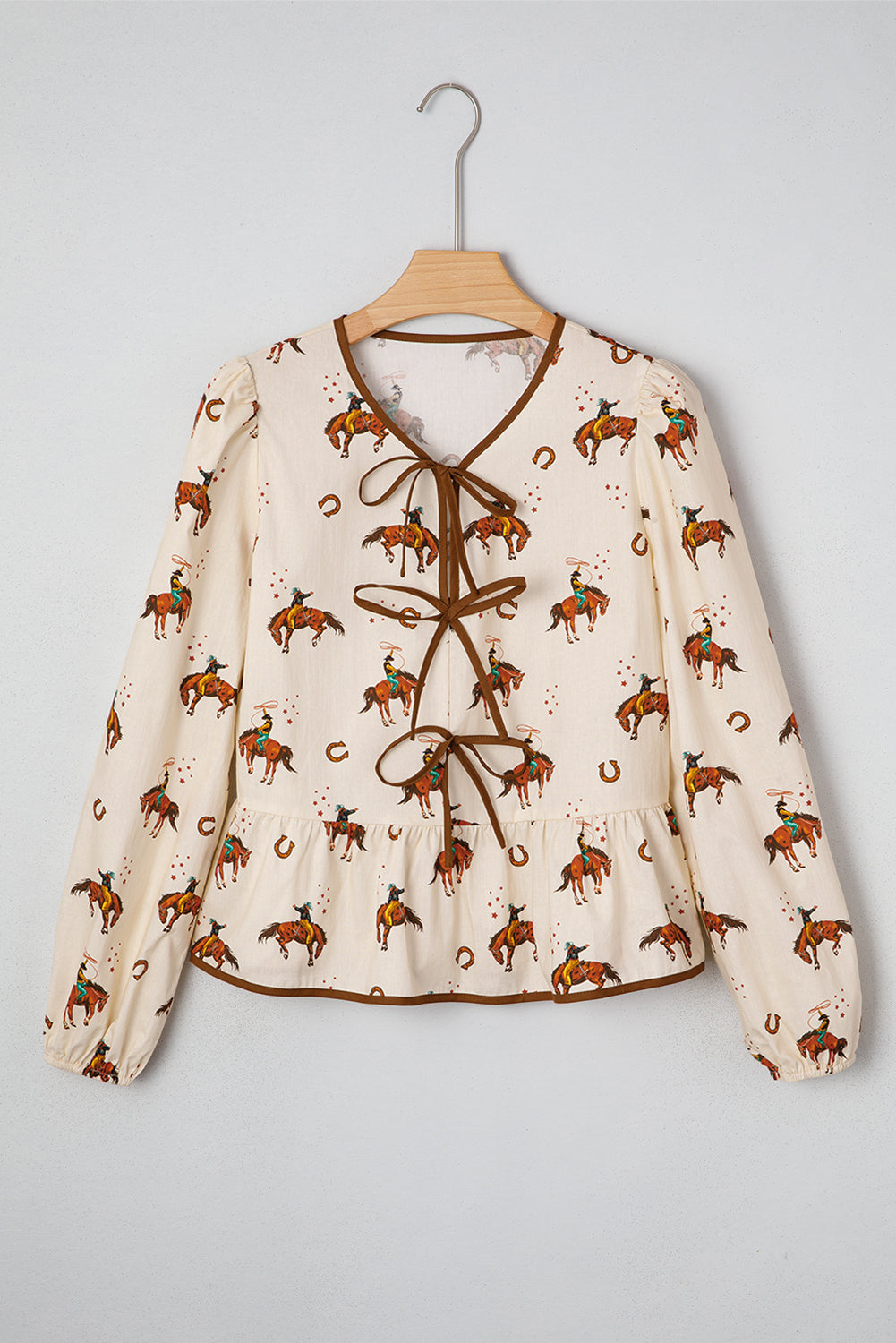 Apricot Western Rodeo Print Tied Front Puff Sleeve Peplum Top