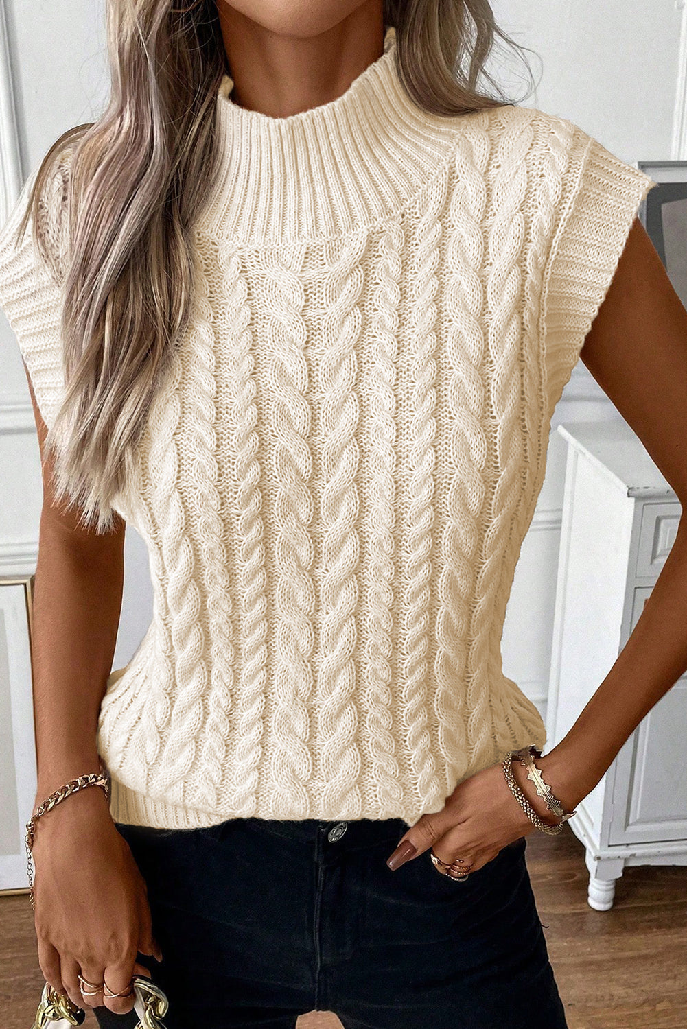 Sylvia Cable Knit High Neck Sweater Vest-2
