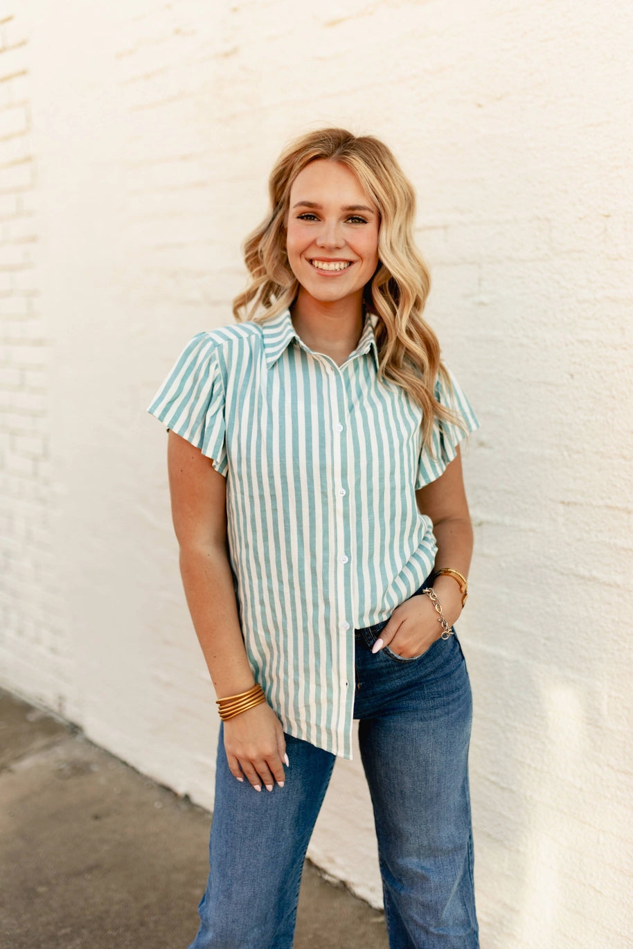 Flutter Sleeve Stripe Top Teal and White - Turquoise Haven