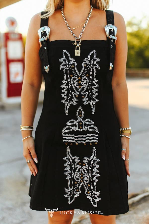 Out West Black Denim Tank Dress with Buckles