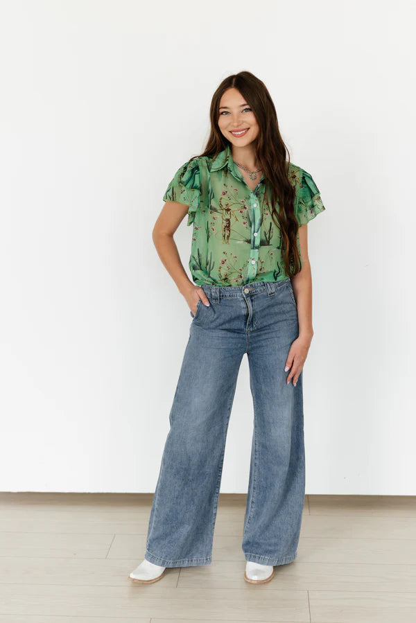 Cowboys and Cactus Flutter Sleeve Blouse