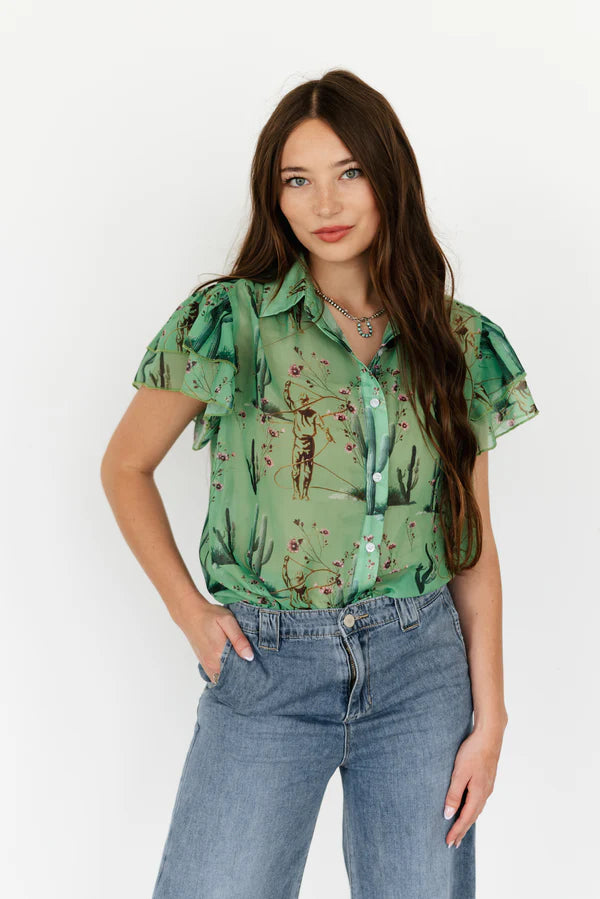 Cowboys and Cactus Flutter Sleeve Blouse