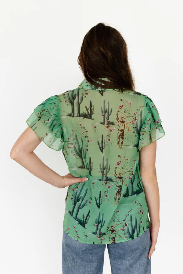 Cowboys and Cactus Flutter Sleeve Blouse
