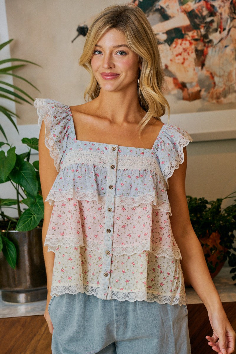 Floral Color Block Lace Trimmed Ruffled Top