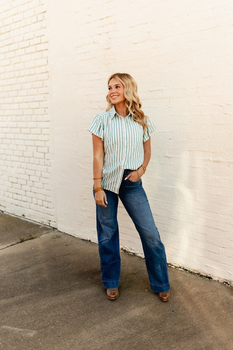 Flutter Sleeve Stripe Top Teal and White - Turquoise Haven