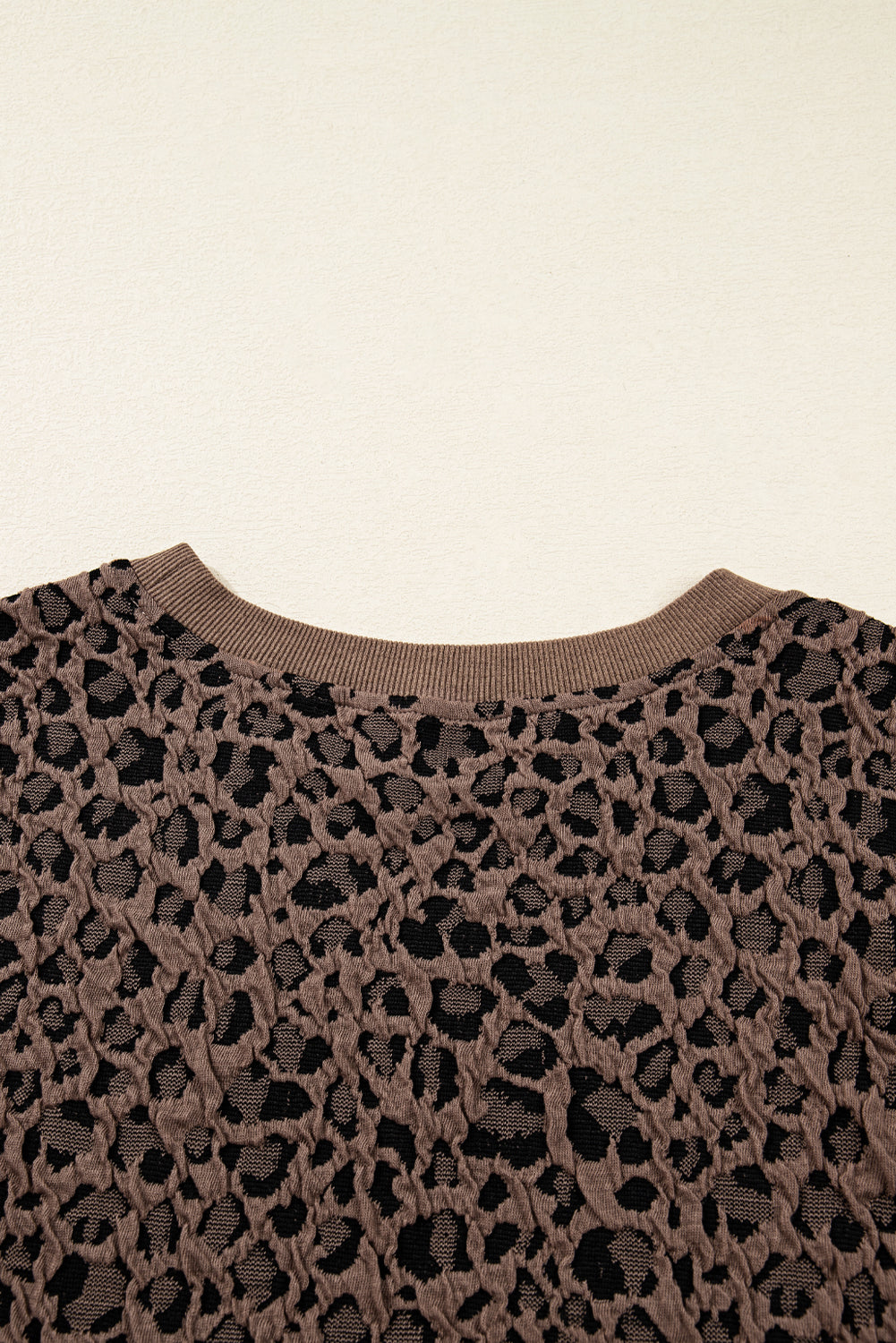 Brown Ribbed Trim Leopard Print Long Sleeve Top