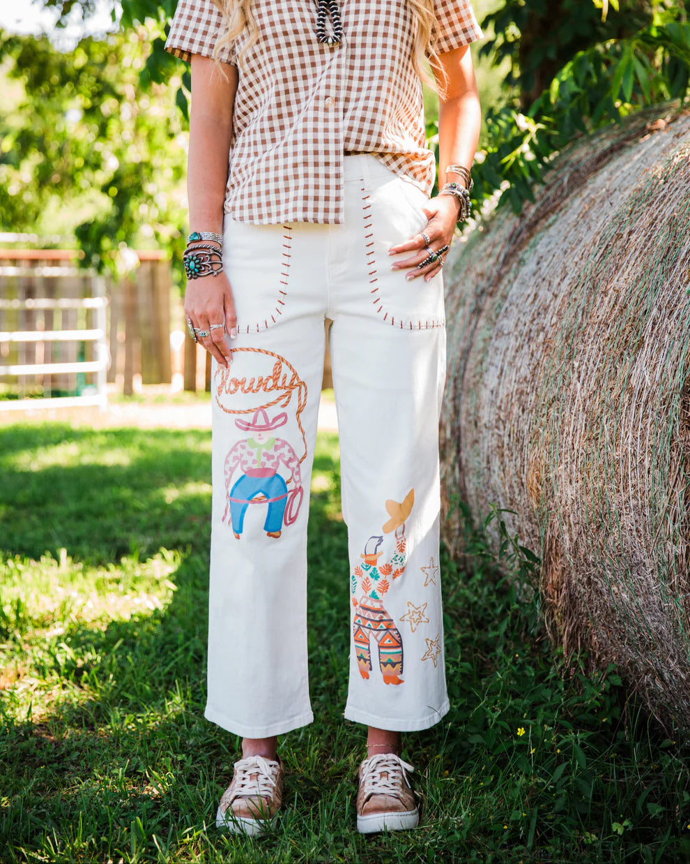 Howdy Roping Cowboy White Cropped Jeans