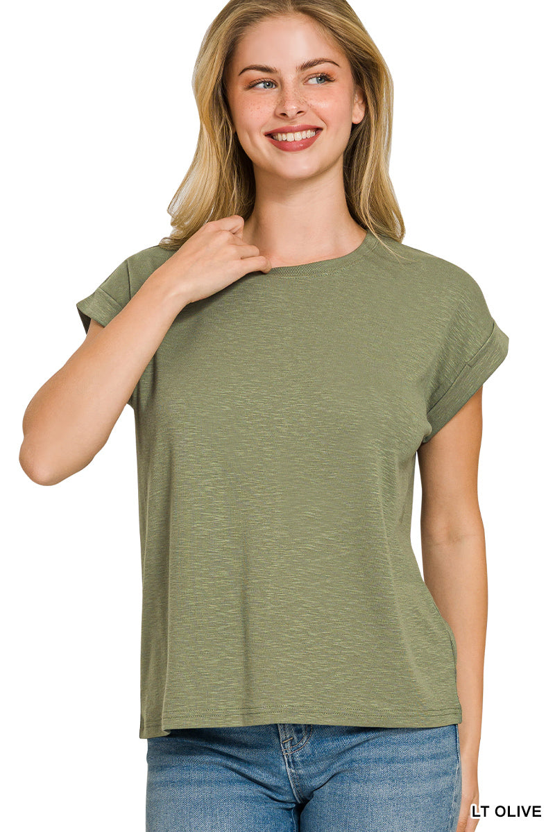 Cotton modal slub rolled sleeve tee