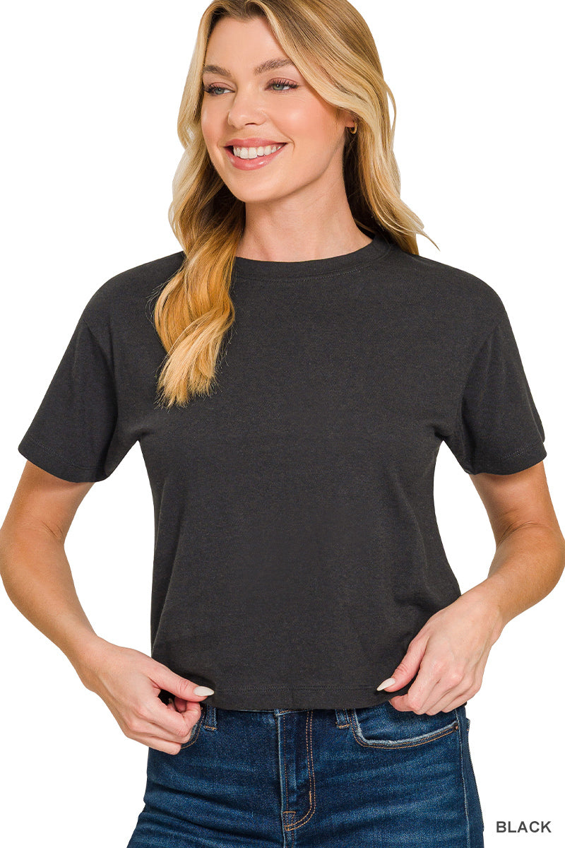 Cotton crew neck short sleeve cropped t-shirt