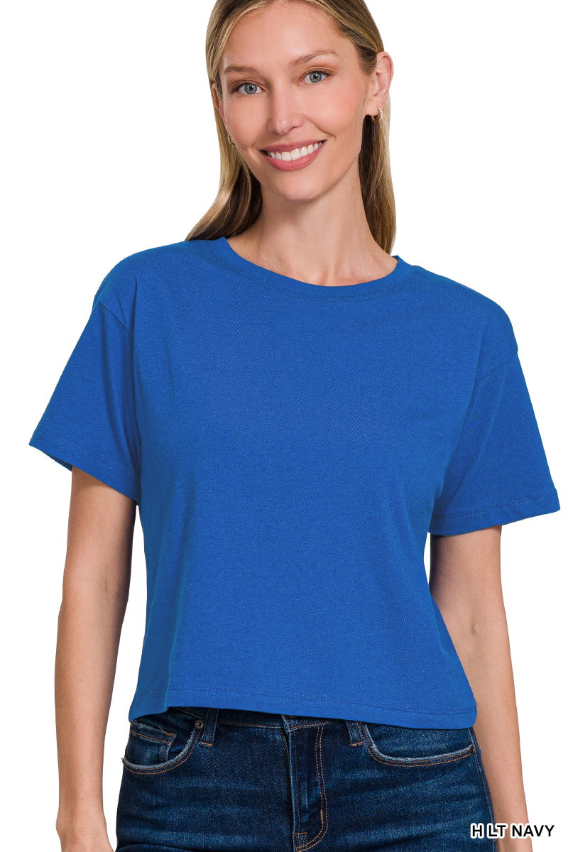 Cotton crew neck short sleeve cropped t-shirt