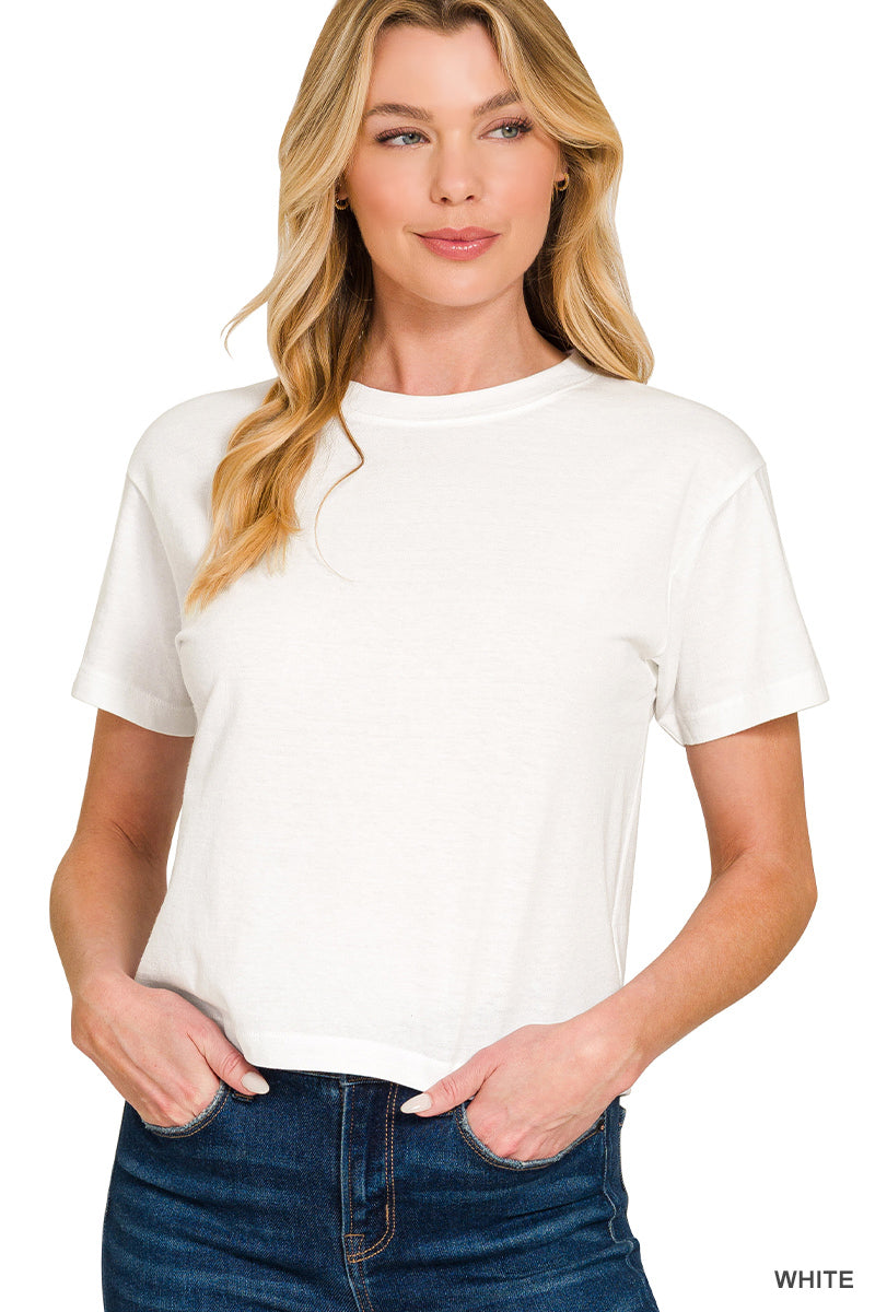 Cotton crew neck short sleeve cropped t-shirt
